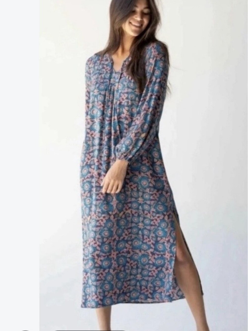Natural Life Floral Boho Long Sleeve Midi Dress Pink Blue & Tan Size Small